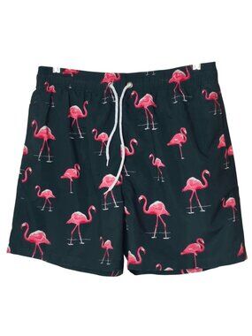 Silkworld Mens Swim Shorts M Pockets Quick Dry Black Flamingo Drawstring Beach